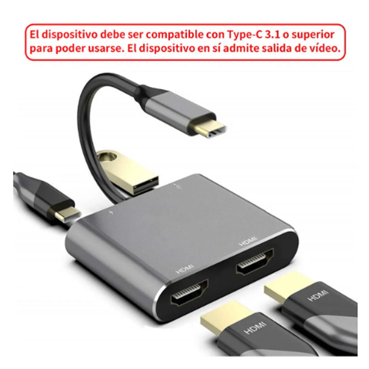 GENERICO - Adaptador 4 En 1 Tipo C A 2 Hdmi Usb Pd Monitores Multiples Gris