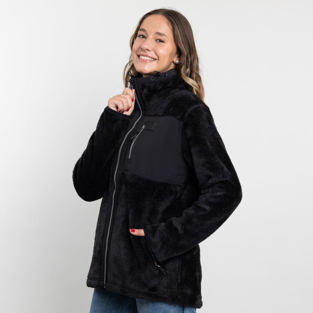 POLEMIC - Poleron mujer Polar shaggy bonded Negro Polemic
