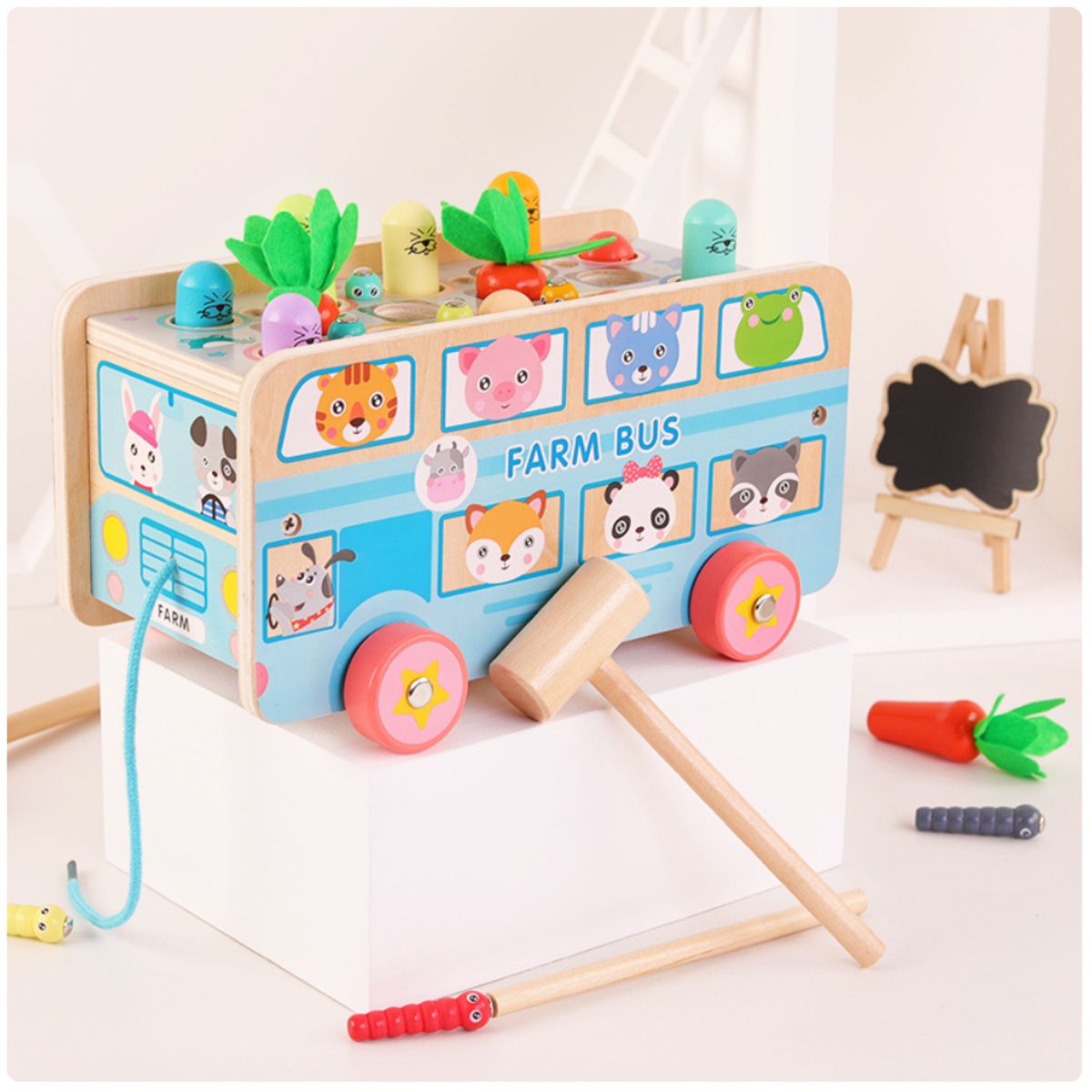 ABC - Bus Didáctico de Madera Farm Bus  Juego de Golpear y Arrastre