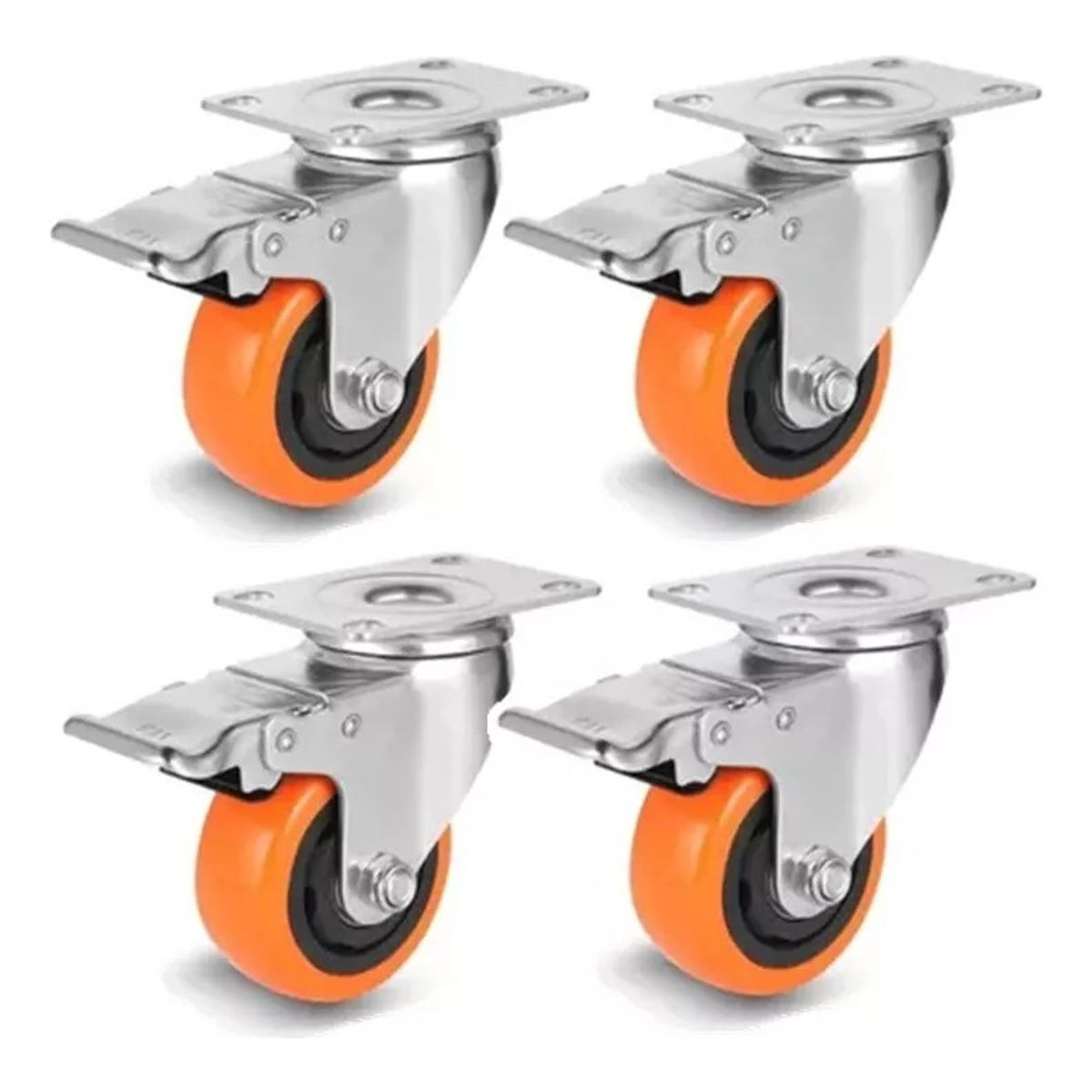 GENERICO - Pack 4 Ruedas Para Carros Muebles Frenos 3 Pulgadas 400 Kg Naranja - 329004