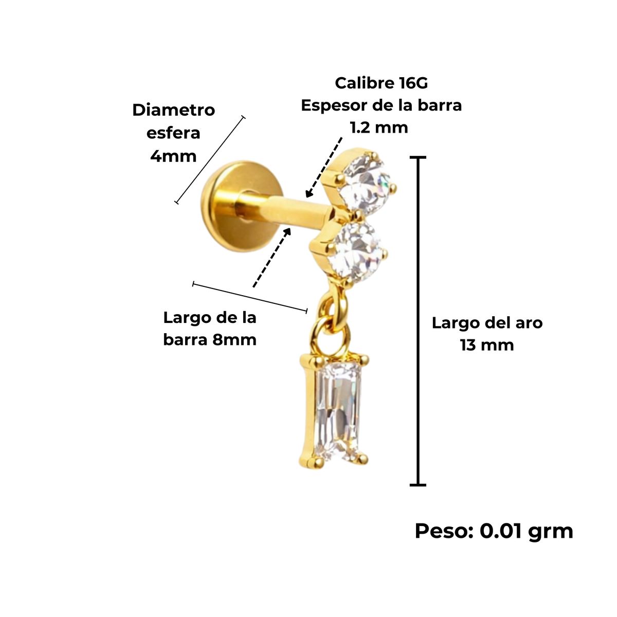 ELBAULDEJUMA - Piercing Ivis labret colgante zirconia 16G Titanio F136 dorado