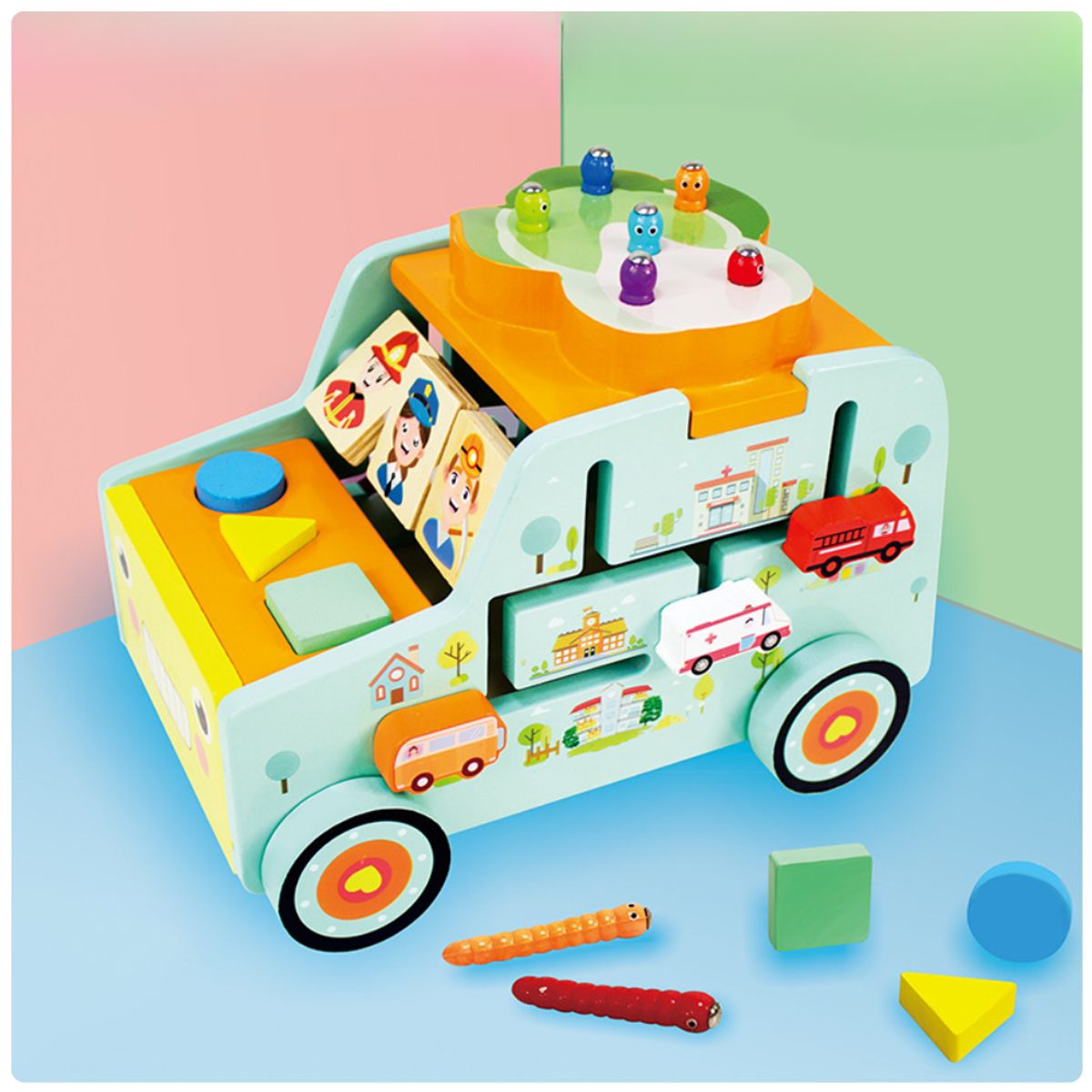 ABC - Carrito didáctico de madera 5 en 1