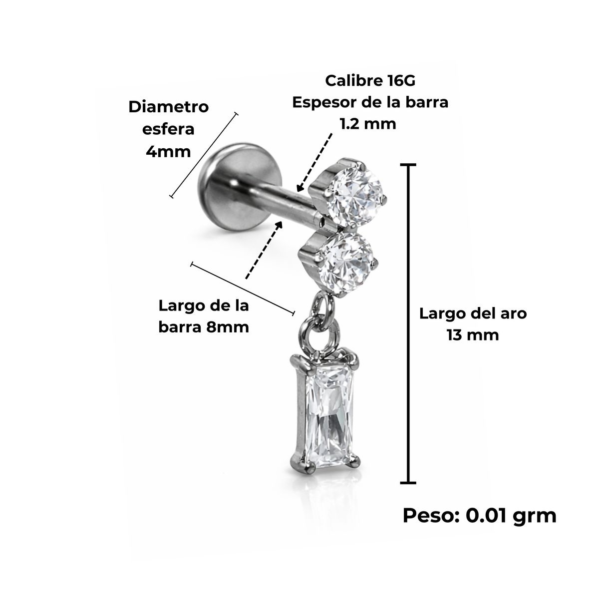 ELBAULDEJUMA - Piercing Ivis labret colgante zirconia 16G Titanio F136 plateados