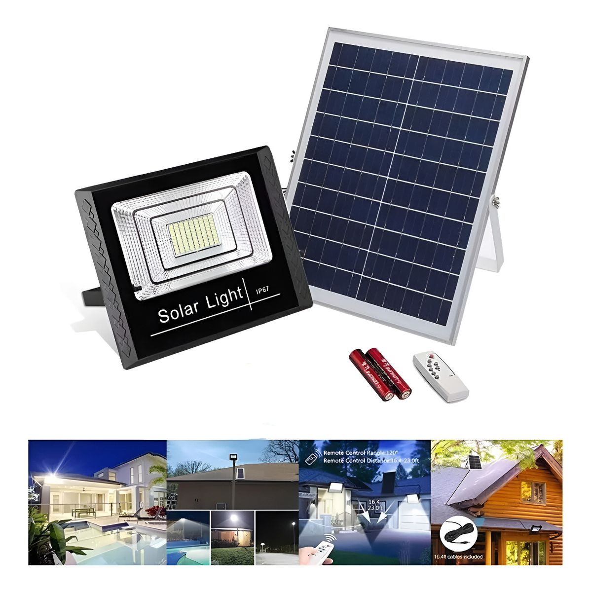 GENERICO - Lampara Foco Solar 96 Led 80w + Panel Solar + Control Remoto Negro - 003351