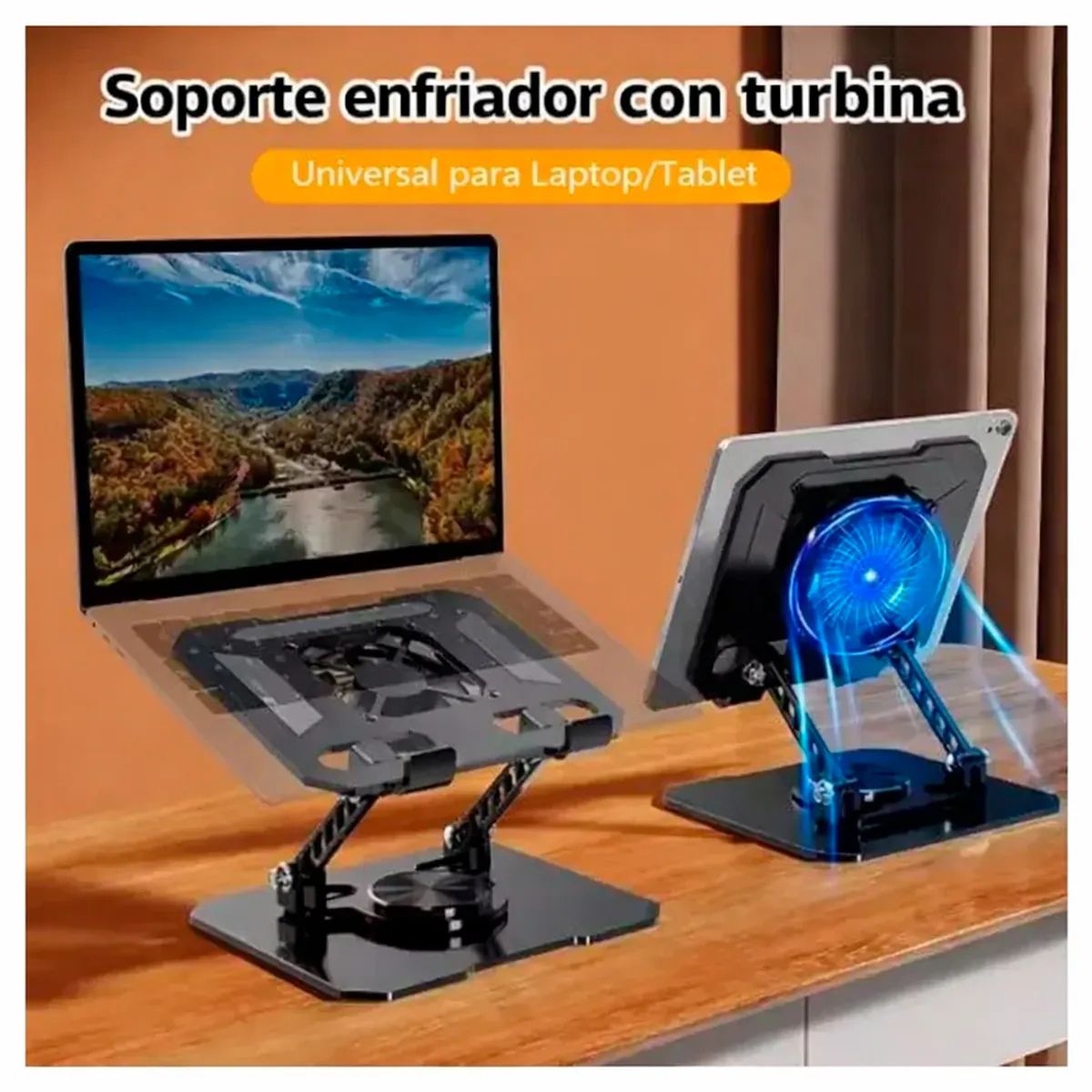 IRM - Soporte para laptop notebook y tablet de aluminio ajustable base giratoria 360 ventilador USB