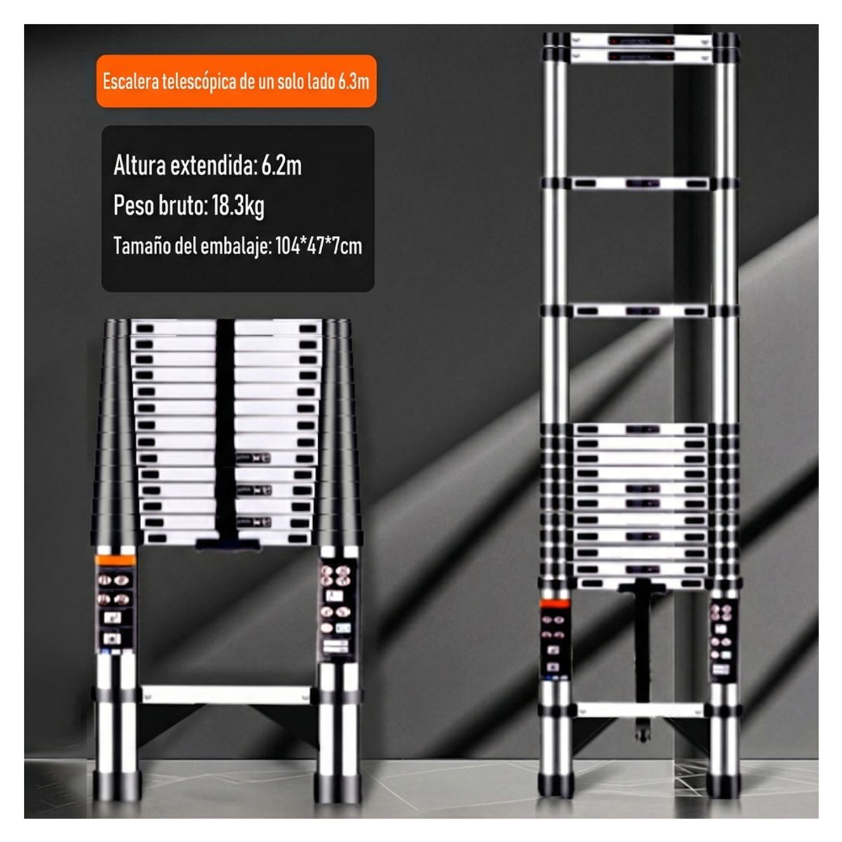 ATURE - Escalera Retráctil De Acero Inoxidable 6.3m,resistente 150kg Plata