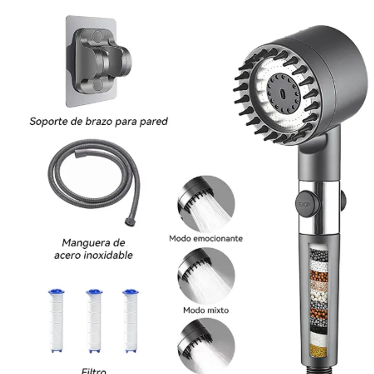 GENERICO - Kit Ducha Alta Presión 4 Modos Con 3 Filtros Y Soporte