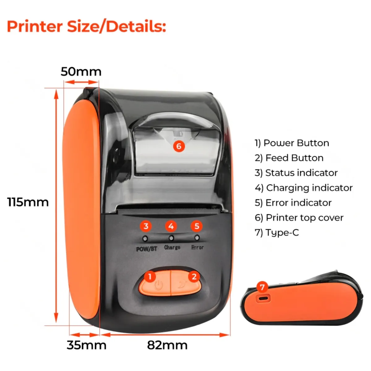 ATURE - Impresora Térmica Portátil 58mm Bluetoo Naranja Naranja