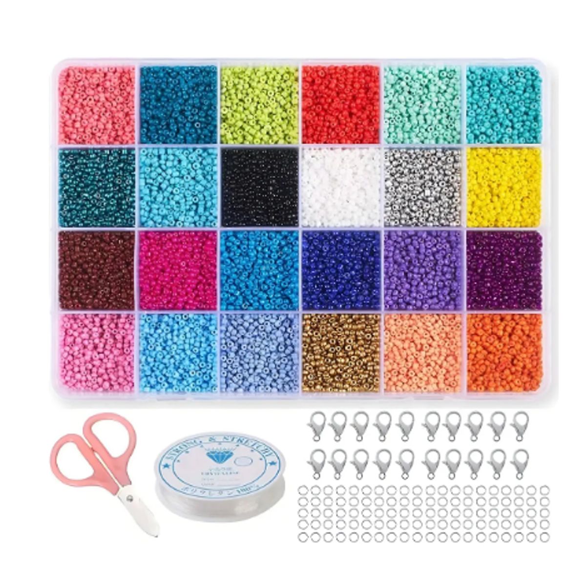 GENERICO - Kit de Mostacillas  24 Colores Pulseras Anillos Con Tijera