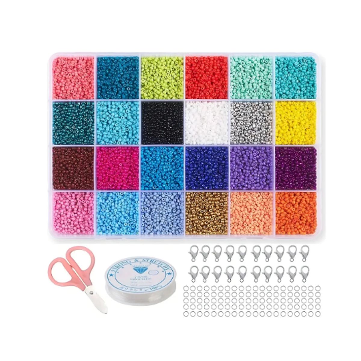 GENERICO - Kit de Mostacillas  24 Colores Pulseras Anillos Con Tijera