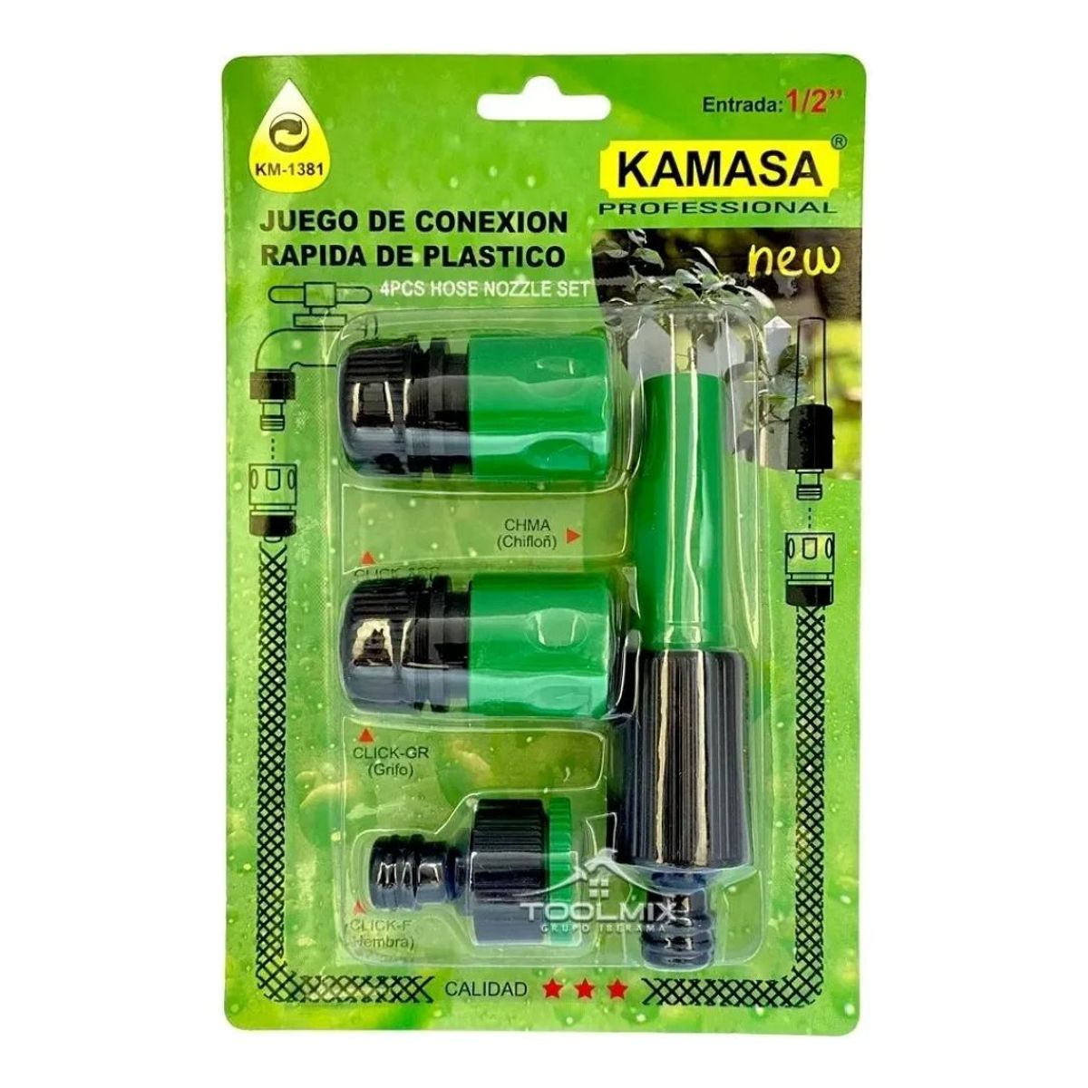 KAMASA - Set De Riego Pistola Pitón Con Acoples Rápidos Para Manguera