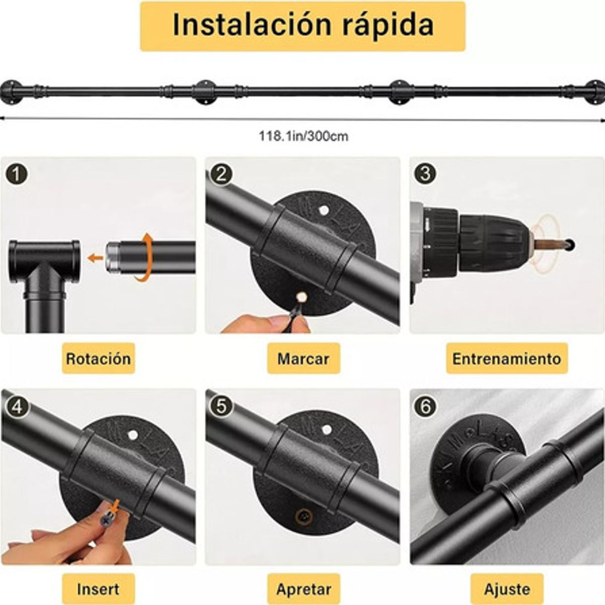 GENERICO - Barandal De Pasamanos De Tubo Escaleras Profesionales 3m Negro - 262446