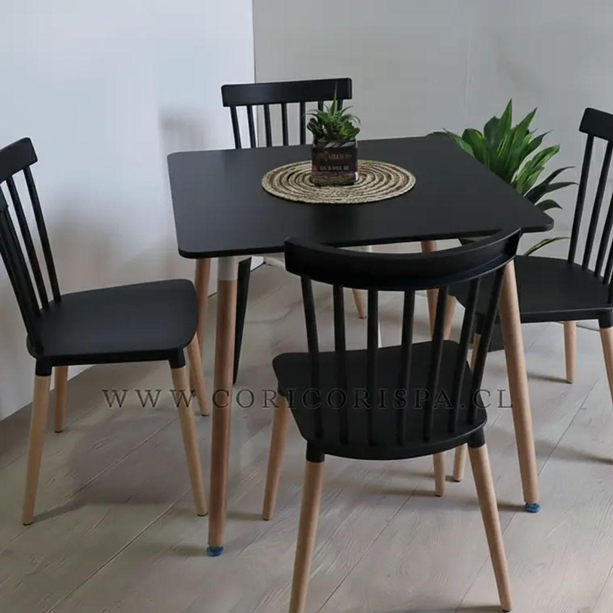 CORI CORI - Mesa Cuadrada Melamina Negra 80x80cm + 4 Sillas Windsor