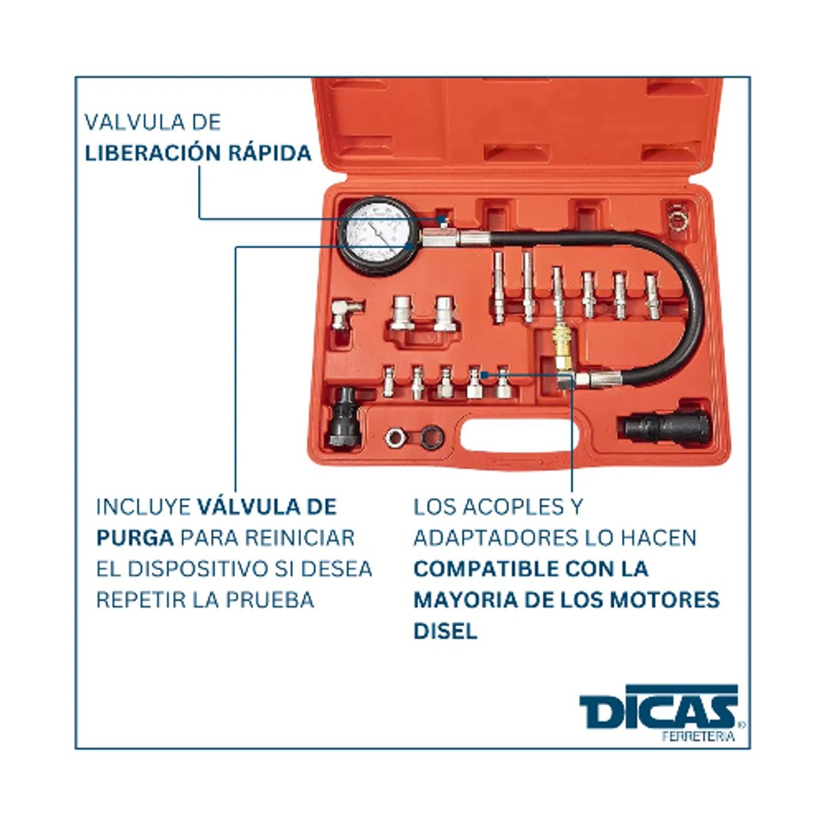GENERICO - Compresimetro Automotriz Diesel Petrolero Universal 19 Pcs