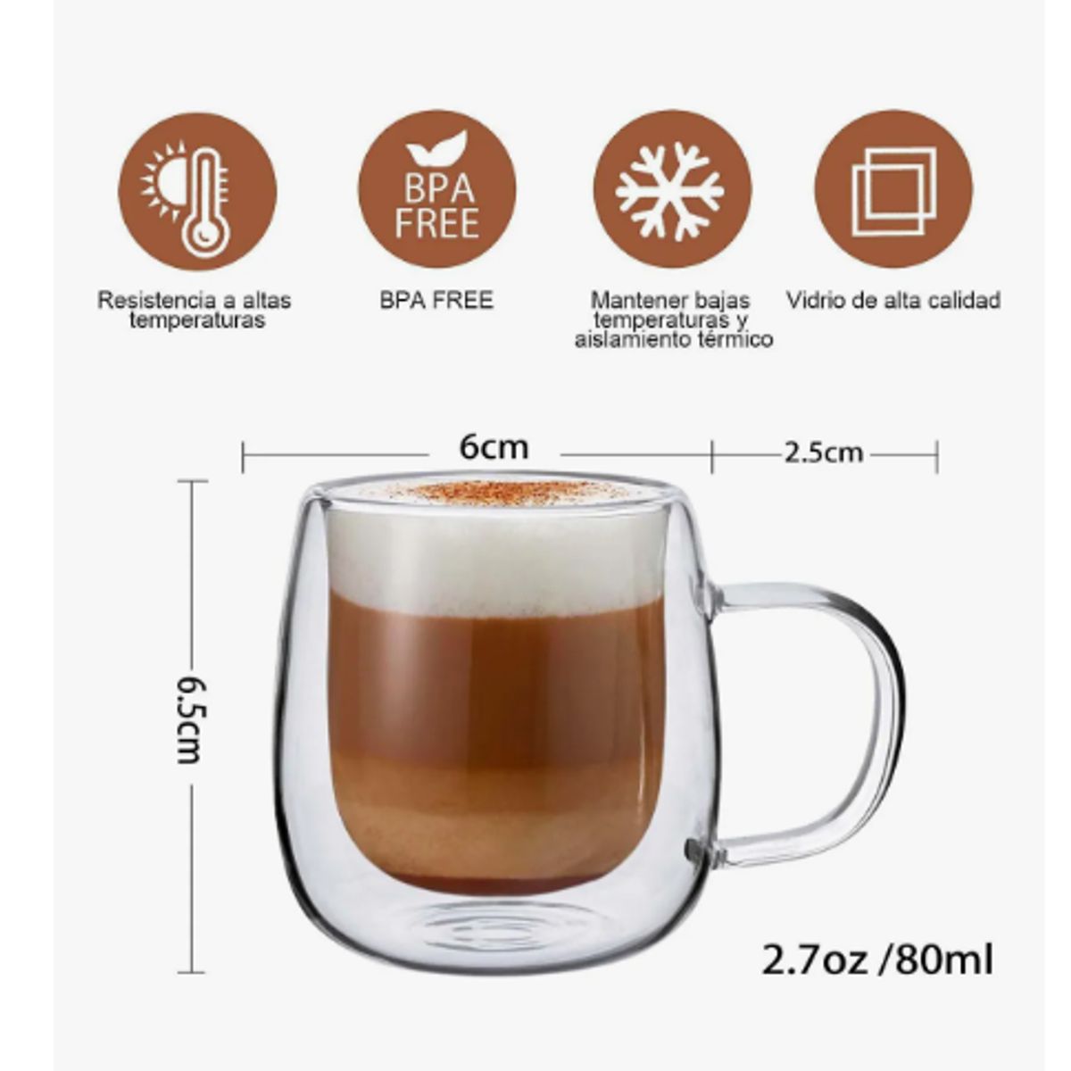 GENERICO - Set 4 Tazas Café Vasos De Vidrio Doble Pared Cristal Térmico Blanco Doble Pared