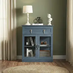 HOMIMAD - Mueble de Entrada y Living Azul Vintage con Vitrina y Cajón Organizador