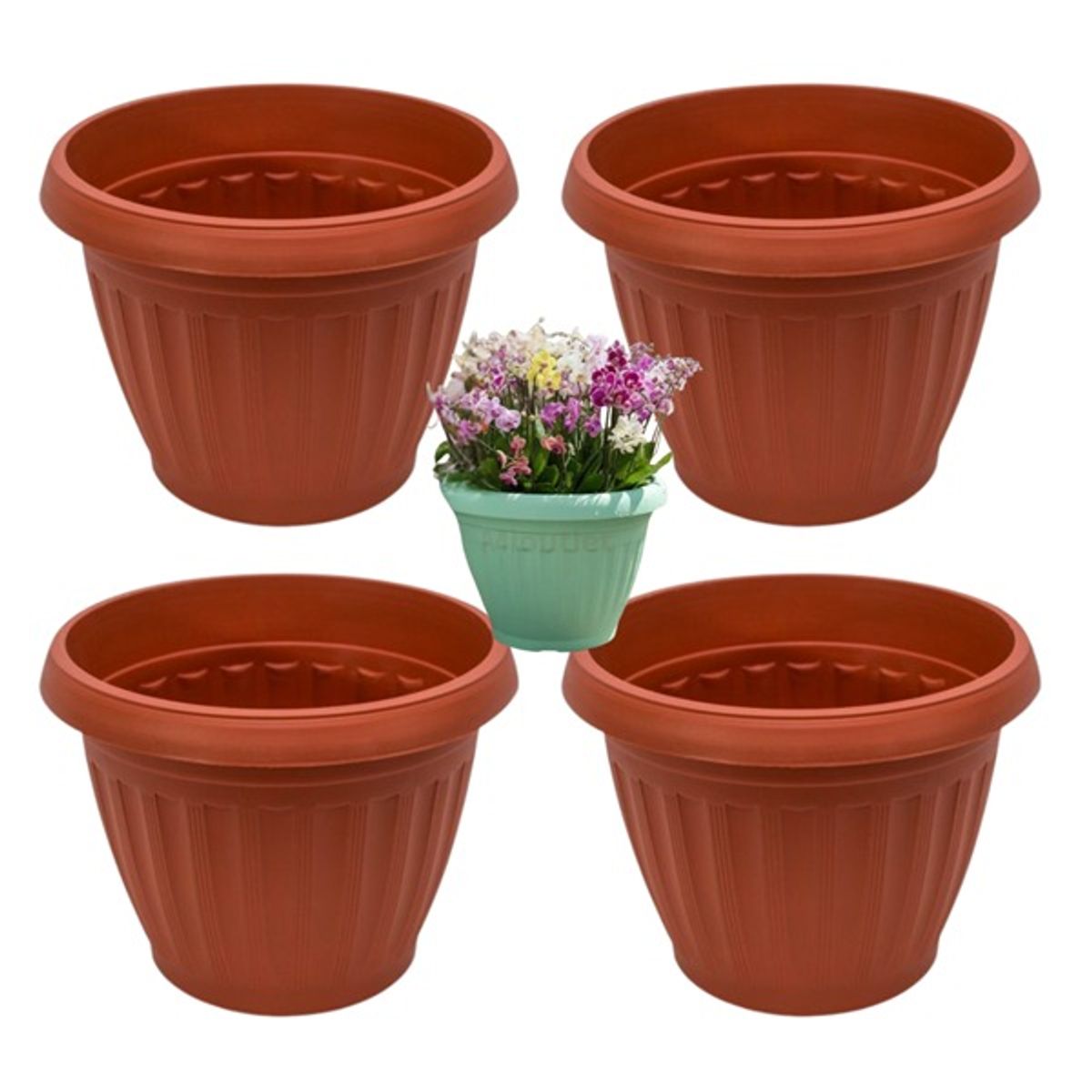 GENERICO - Pack 4 Maceteros Plástico Redondo Terracota 28 cm