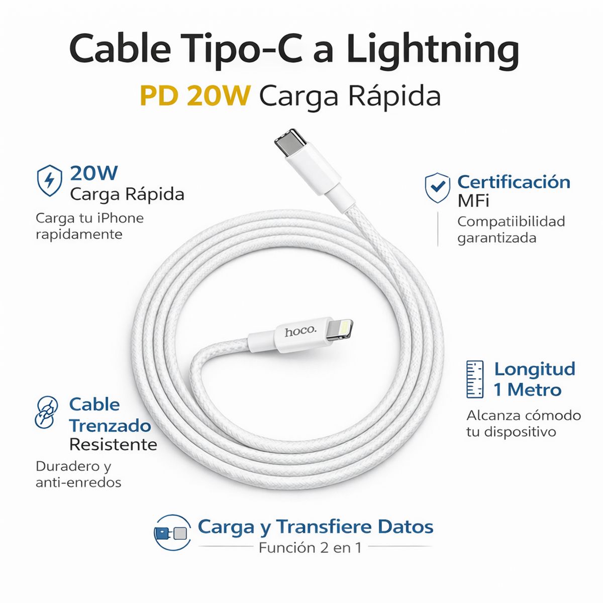 HOCO - Cable De Carga Rápida Usb-c A Lightning 20w Trenzado 1mt