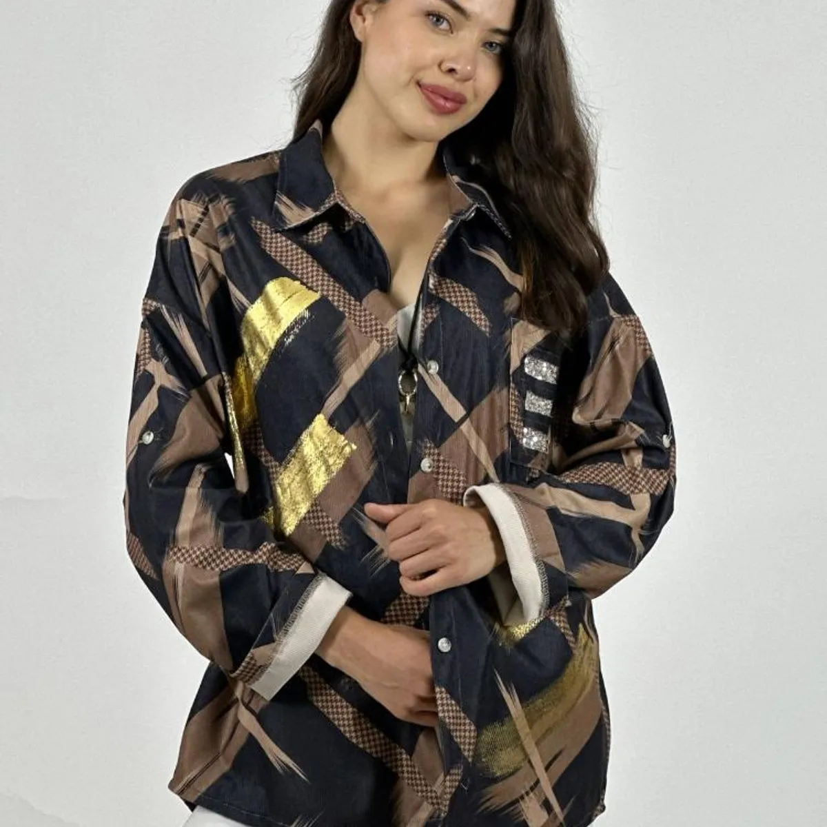 ENIGMATICA BOUTIQUE - Camisa Cotelé Líneas y Brillos Cruzados