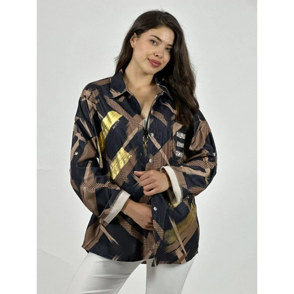 ENIGMATICA BOUTIQUE - Camisa Cotelé Líneas y Brillos Cruzados