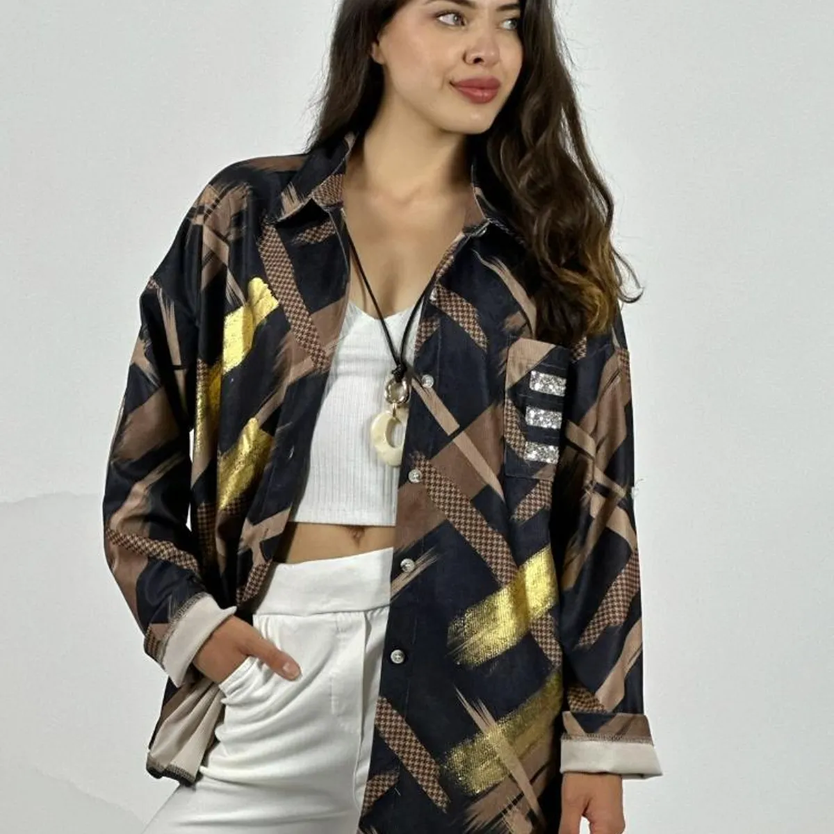 ENIGMATICA BOUTIQUE - Camisa Cotelé Líneas y Brillos Cruzados
