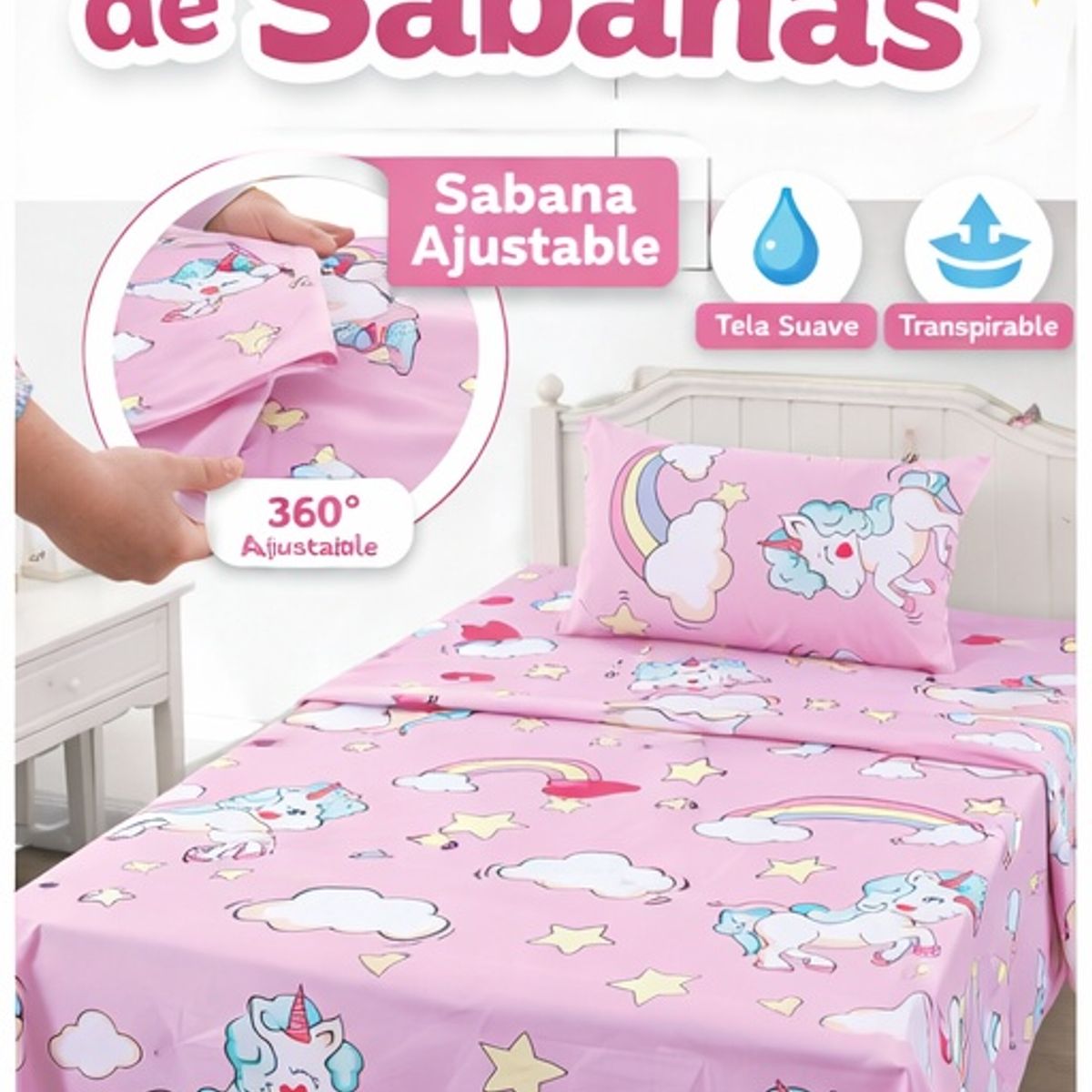 GENERICO - Juego de Sabanas 1.5 Plazas. 3 Piezas. Color Rosado Unicornio