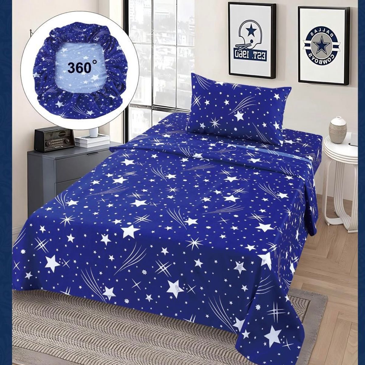 GENERICO - Juego de Sabanas 1.5 Plazas. 3 Piezas. Color Azul de Estrellas
