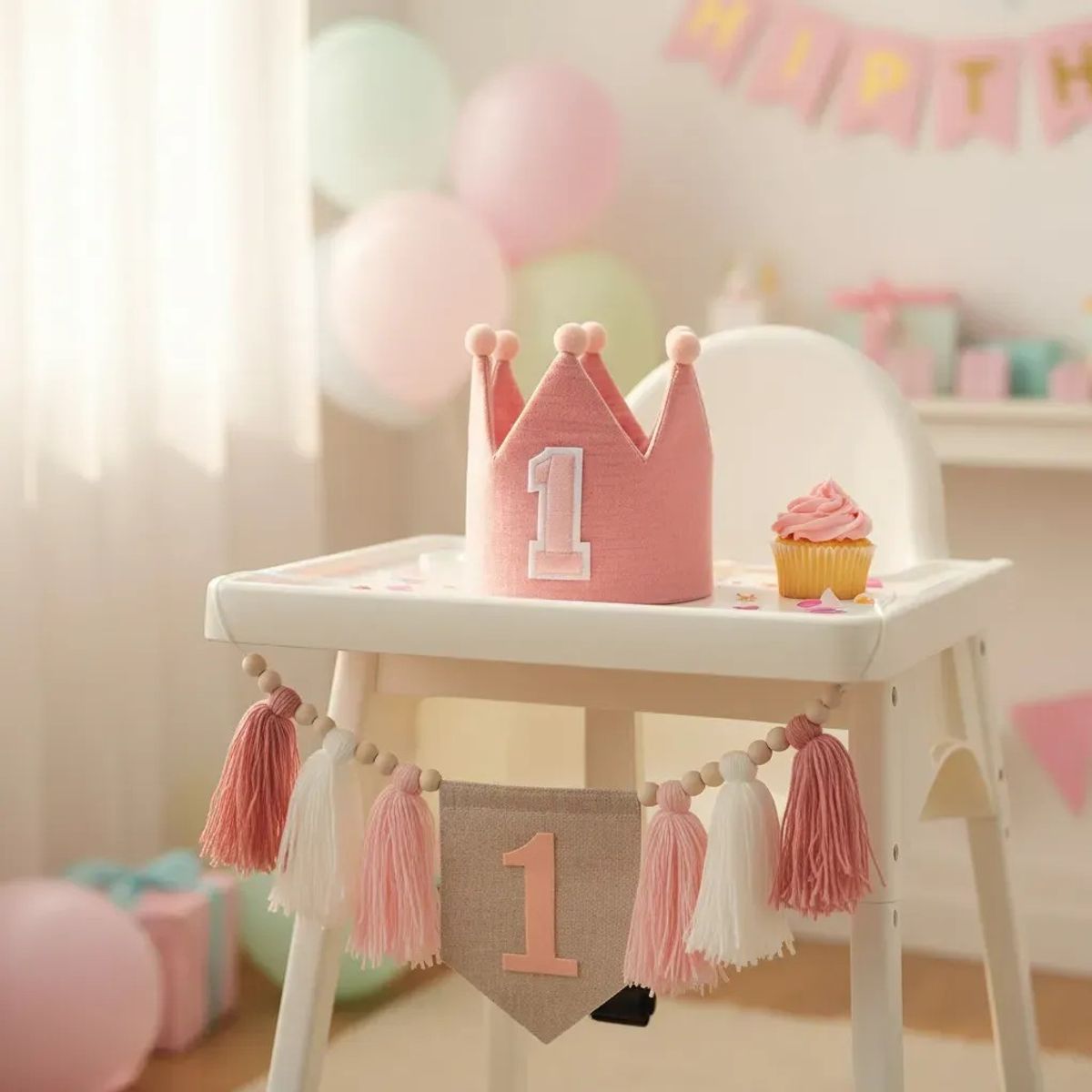 KUANGYE - Set Decoracion Cumpleaños Bebe Niña 1er Añito Rosa Fiesta