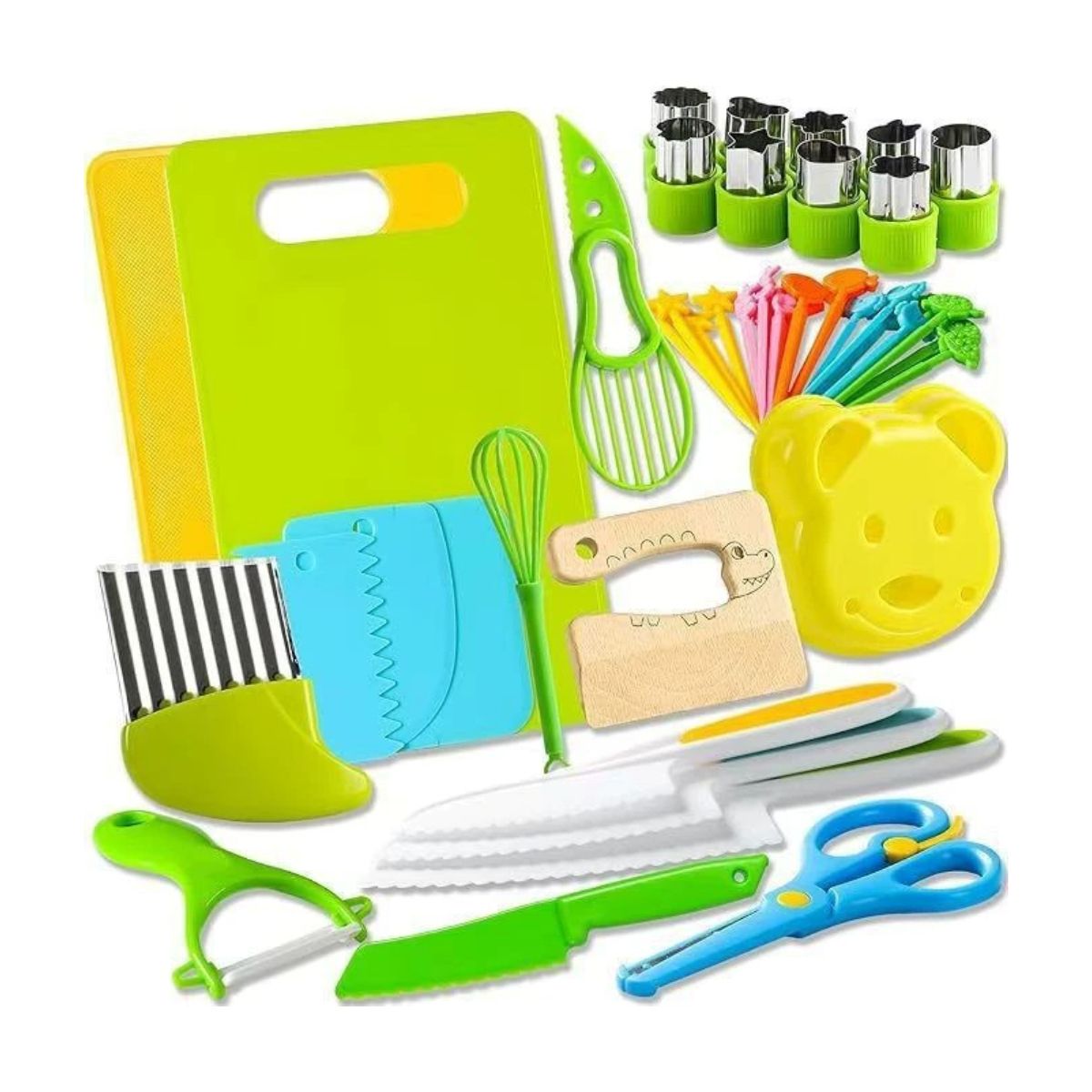ATURE - Set Cocina Infantil 46 Piezas - Cuchillos Seguros, Familia Amarillo Y Verde
