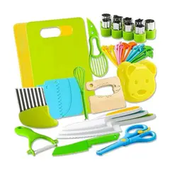 ATURE - Set Cocina Infantil 46 Piezas - Cuchillos Seguros, Familia Amarillo Y Verde