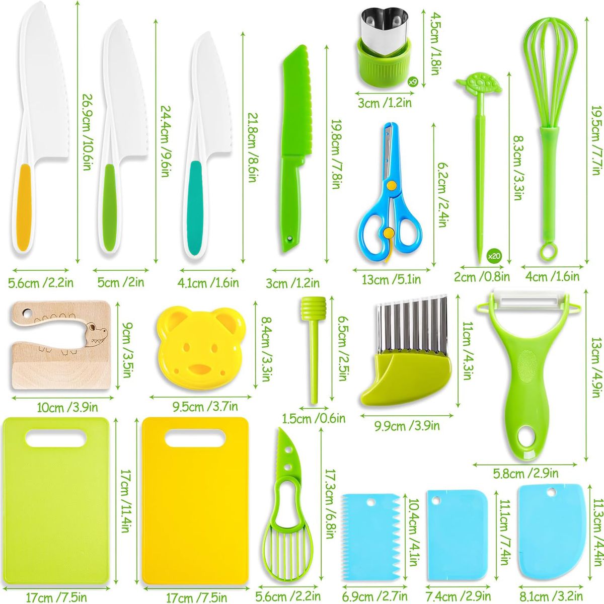 ATURE - Set Cocina Infantil 46 Piezas - Cuchillos Seguros, Familia Amarillo Y Verde