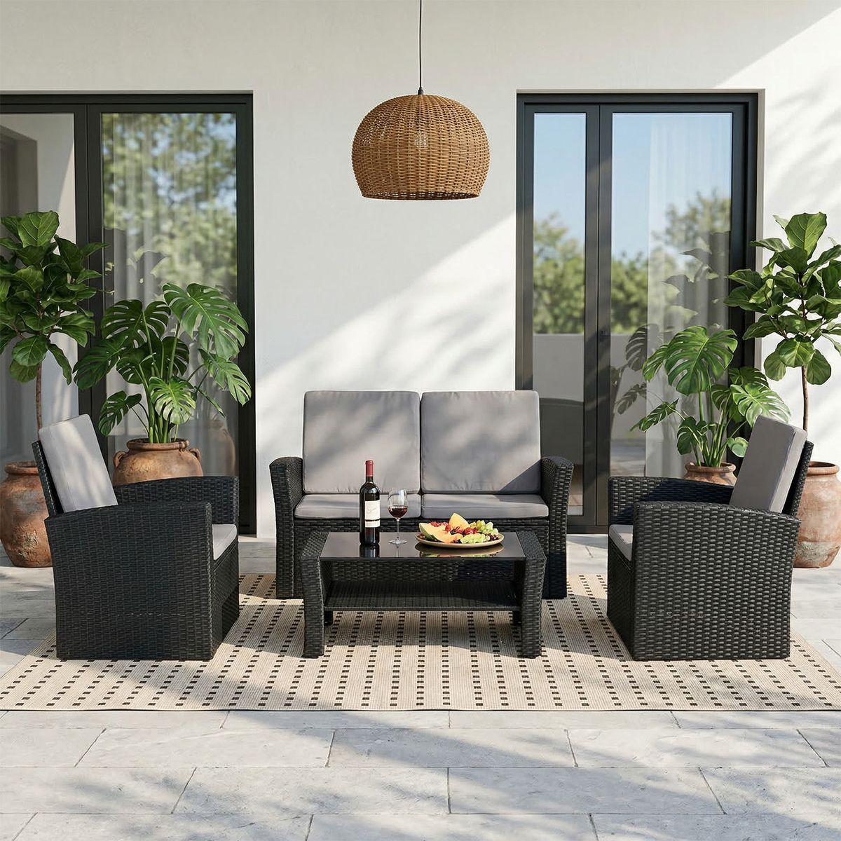 ELEMENT DESIGN - Juego de Living de Terraza 4 Personas de Ratán Sintético Negro