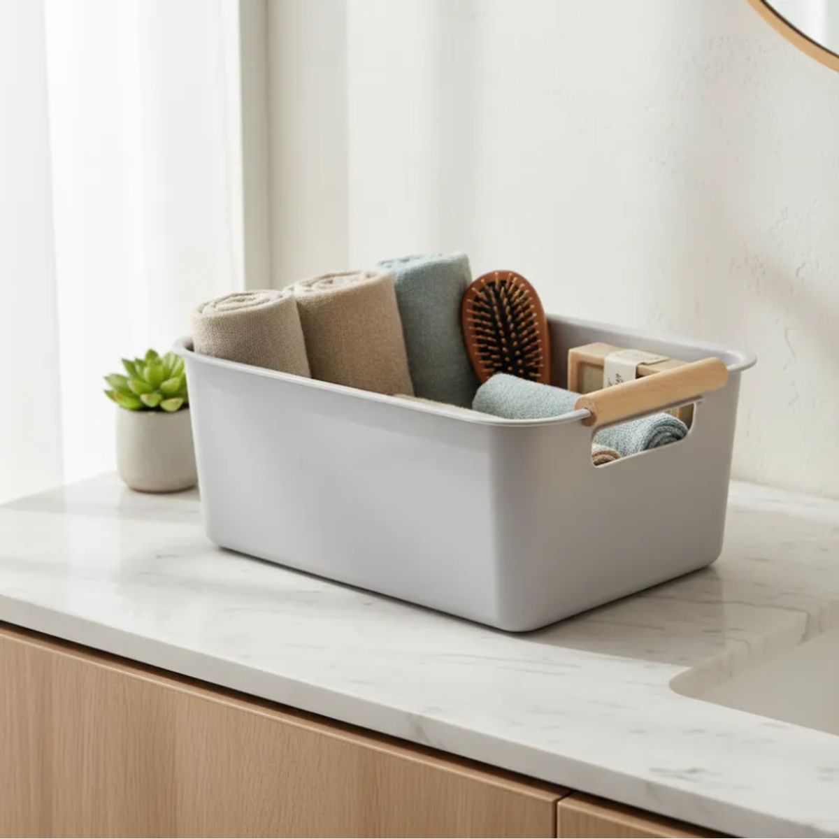 GENERICO - Caja Organizadora Plástica Con Asas De Madera 24.5x17x10 Cm