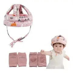 GENERICO - Casco Protector de Cabeza Infantil Reversible Rosa + Rodilleras Antideslizantes