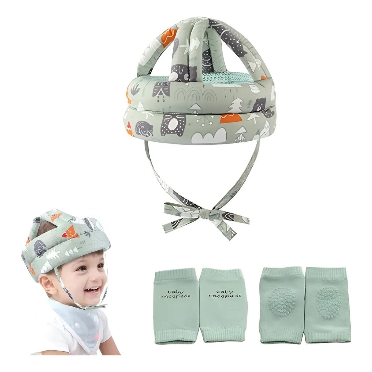 GENERICO - Casco Protector Infantil Ajustable Resistente Verde Patrón Animales