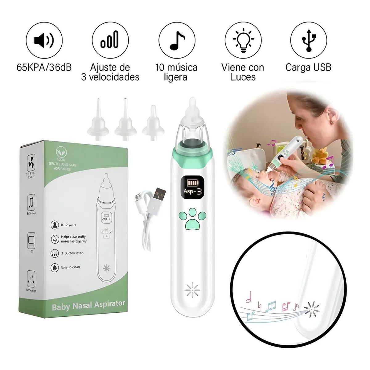 GENERICO - Aspirador Nasal para Bebé Eléctrico Silicona USB Ajustable