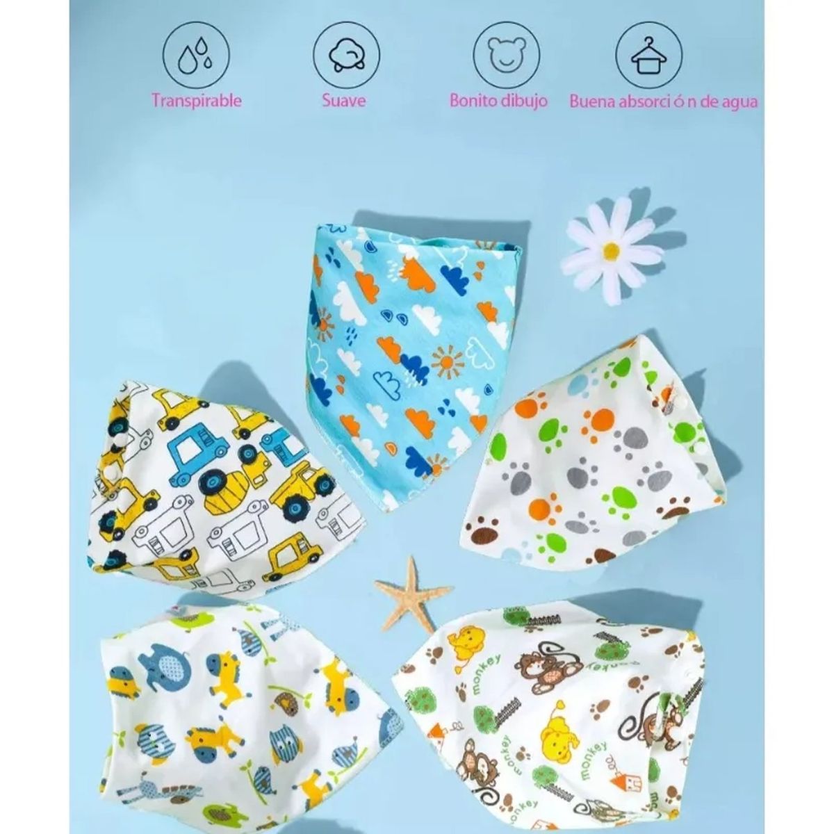 GENERICO - Babero Bandana Infantil Algodón Diseño Estampado Pack Multipack