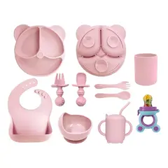 GENERICO - Set de Alimentación Infantil Antideslizante Silicona Rosa