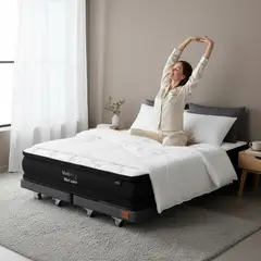 BLOCCARE - Cama King Box 8 cm - L200cm + Colchon Black Prime - Modelo Dos / Con Rueda Logo (Gris)