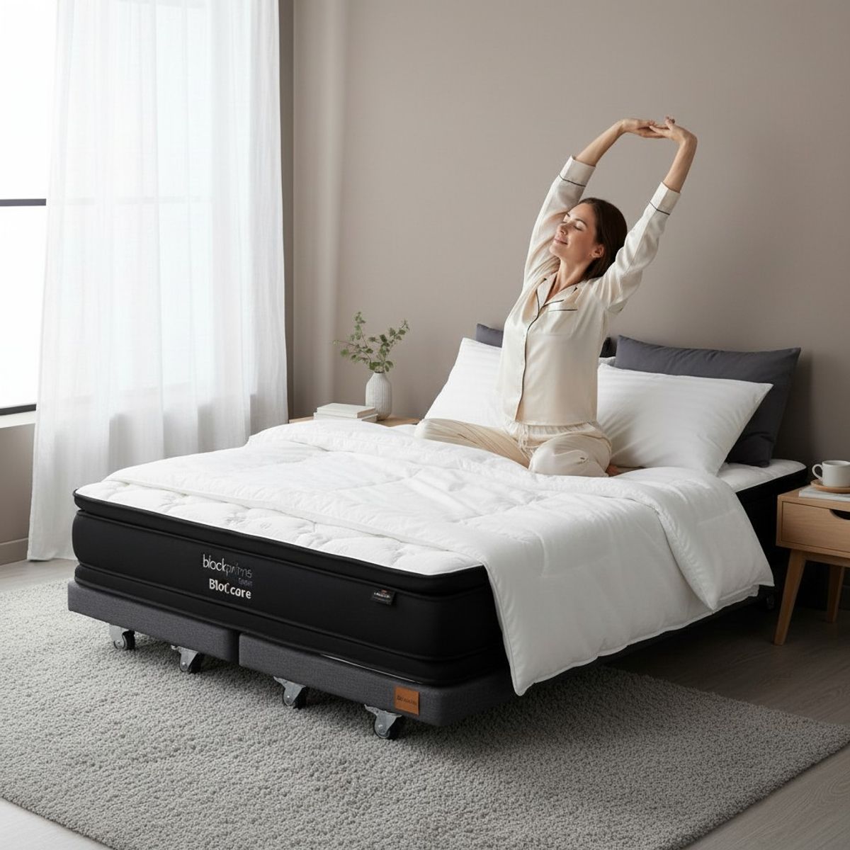 BLOCCARE - Cama King  Box 8 cm - L200 cm  + Colchon Black Prime - Modelo Dos / Con Rueda Divan (Gris)