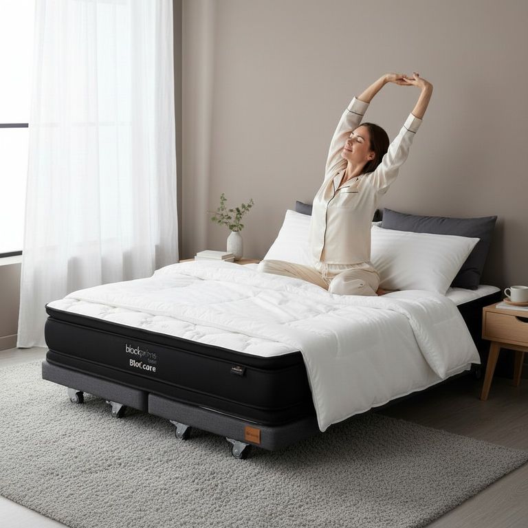 Cama Super King Box 8 cm - L200cm + Colchon Black Prime - Modelo Dos / Con Rueda Logo (Gris)