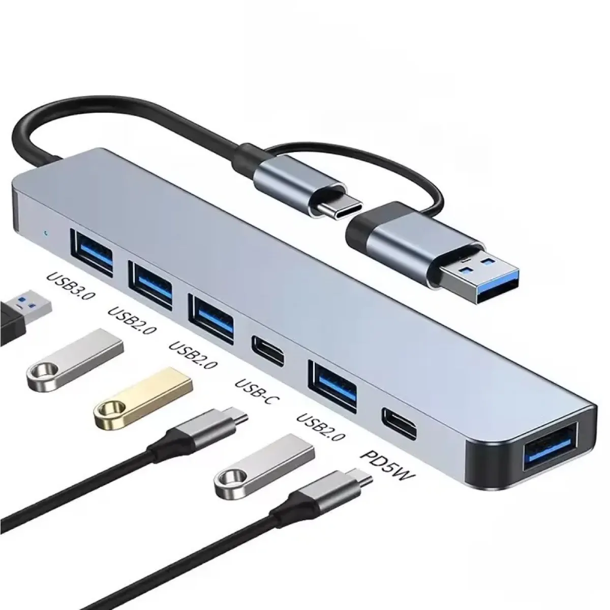 GENERICO - Hub Adaptador USB C 7 en 1 con USB 3.0, USB 2.0 y PD 5W