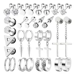 BELIDASHOP - 15 Pares Aros Aretes Pendientes Hombre Plateado