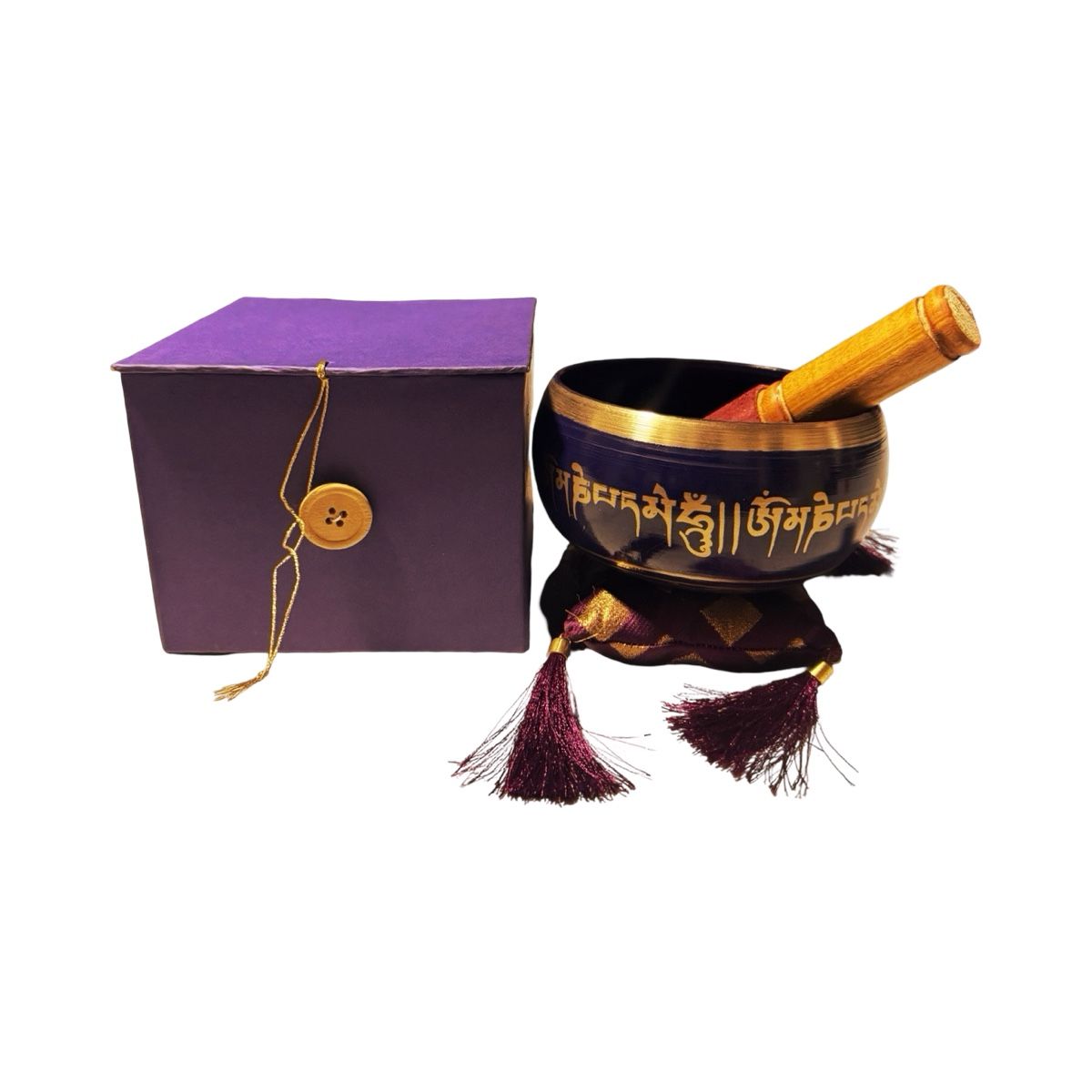 GENERICO - Cuenco Tibetano Morado Mantra Dorado Con Cojín Y Mazo Caja Regalo