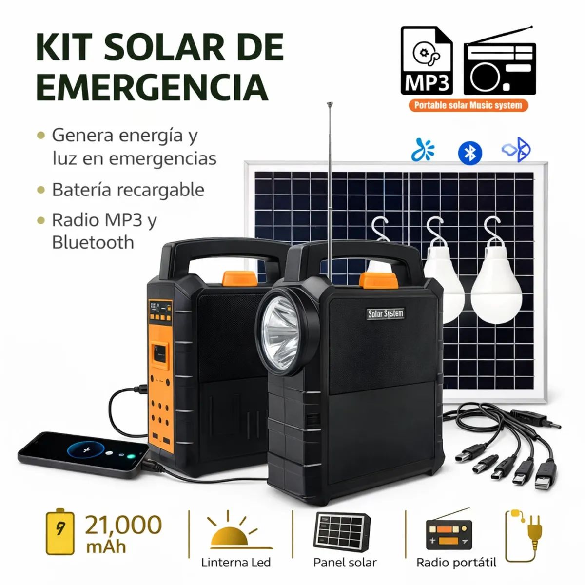 MOVI - Kit Solar de Emergencia Portátil con 50 horas de autonomía (Linterna, Radio y Cargador USB)