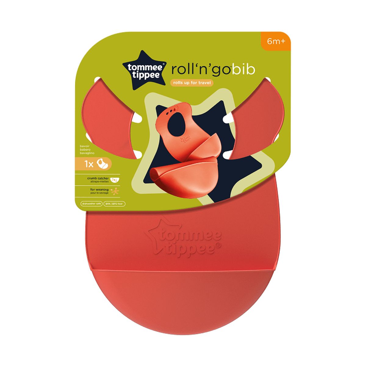 TOMMEE TIPPEE - BABERO DE SILICONA ENROLLABLE CON ATRAPA MIGAS ROLL'N GO 6 MESES+ NARANJO