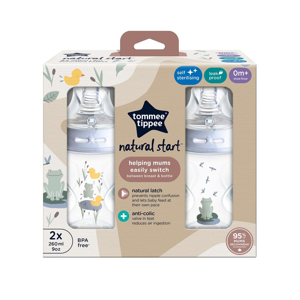TOMMEE TIPPEE - PACK 2 MAMADERAS FLUJO LENTO 260ML NATURAL START 0 MESES+ CELESTE