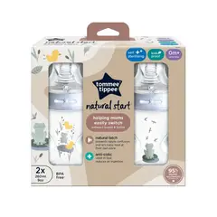 TOMMEE TIPPEE - Pack 2 mamaderas recién nacido flujo lento 260ml NaturalStart 0 meses+ celeste ranitas TommeeTippee