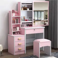 UENMI - Tocador Con Espejo Movible Y Luz Led Con 4 Cajones Rosa