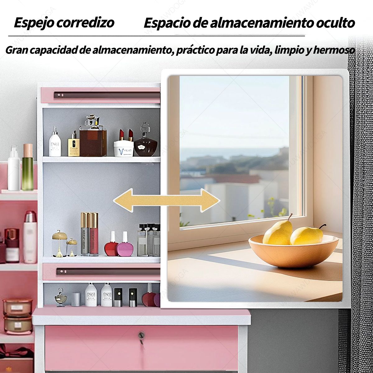 UENMI - Tocador Con Espejo Movible Y Luz Led Con 4 Cajones Rosa